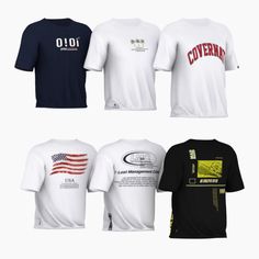 four t - shirts with different colors and designs on the front, back and side