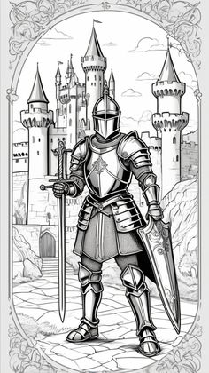 🏰Create an adventurous coloring page for kids with this black-and-white outline of a knight in armor with a sword and shield, set against a medieval castle. Perfect for young artists to bring to life with color! 🎨 Knight In Armor, Easy Tattoos To Draw, Medieval Drawings, Knight Tattoo, Knight Armor, Medieval Knight, Fantasy Armor