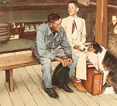 a painting of two men sitting on a bench next to a dog and another man