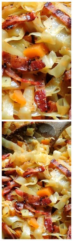 two pictures showing different types of food on the same plate, one with bacon and cheese