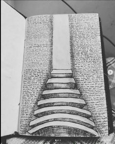 an open book with some writing on it and a spiral staircase in the bottom right corner