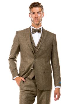 Men's Two Button Vested Vintage Style Tweed Wedding Suit in Tan Elegant Tweed Suits For Winter, Wool Tailored Blazer For Wedding, Tailored Wool Wedding Blazer, Formal Three-piece Single Breasted Tweed Suit, Formal Single Breasted Tweed Three-piece Suit, Formal Single-breasted Tweed Three-piece Suit, Elegant Single-breasted Tweed Suit, Fall Wedding Tweed Jacket, Formal Three-piece Tweed Suit With Notch Lapel