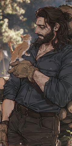 a drawing of a man holding a cat in his arms and looking at the camera