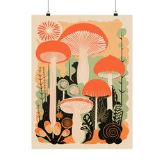 an orange and green poster with mushrooms in the forest on it's sides, hanging from