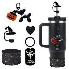 an assortment of halloween items including a coffee mug and keychain