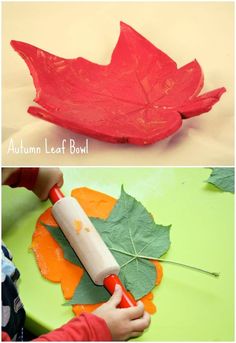 two pictures showing how to make an autumn leaf bowl with paper plates and leaves on it