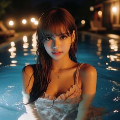 a woman in a swimming pool at night with lights on her face and hair blowing back