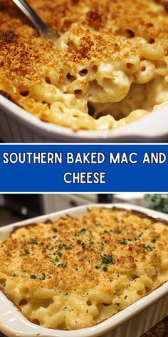 two pictures showing different types of macaroni and cheese in casserole dishes