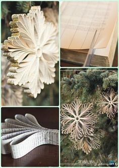 paper snowflakes are hanging from a christmas tree with books in the background and an open book on top