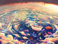 an aerial view of a boat floating in the ocean surrounded by clouds and rainbows