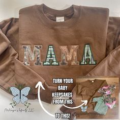 a brown shirt with the words mama printed on it and an image of a butterfly