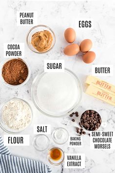 ingredients to make chocolate chip cookies laid out on a marble counter top with text overlay