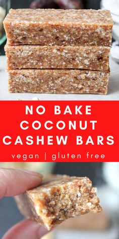 no bake coconut cashew bars are stacked on top of each other with the words vegan gluten free