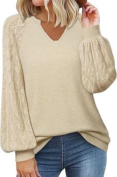 Messic Womens Pullover Sweaters 2024 Casual Long Sleeve V Neck Loose Knit Tops Womens Pullover Sweaters, Chunky Pullover Sweater, Lantern Sleeve Sweater, Slouchy Style, Slouchy Sweater, Long Sleeve Pullover Sweater, Loose Knit, Knit Tops, Pullover Sweater Women