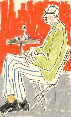 a drawing of a man sitting in a chair with his feet up on a table