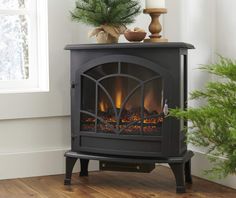 a black stove with a lit fire in it and a potted plant on top