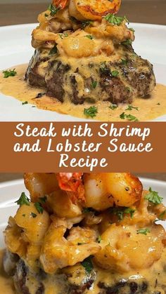 steak with shrimp and lobster sauce recipe on a white plate in the shape of a pyramid