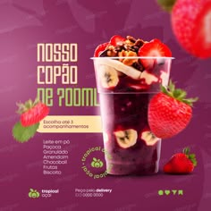 an advertisement for a smoothie shop with strawberries and bananas