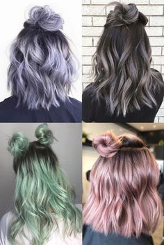 Pastel Brunette Hair, Unnatural Hair Color Ideas For Brunettes, Fantasy Hair Color Ideas For Short Hair, Subtle Fashion Hair Color, Pastel Highlights On Dark Hair, Pastel Hair Colors For Brunettes, Dip Dye Curly Hair, Hair Color Wavy Hair, Partially Dyed Hair