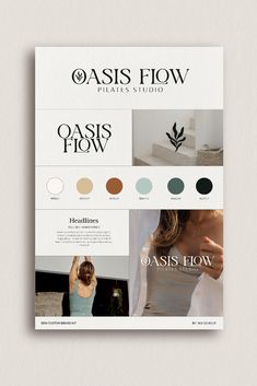 the oasis flow website is displayed on a white background with black and grey accents, including an image of a woman's torso