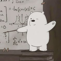 a white bear standing in front of a blackboard with calculations on it and writing on it