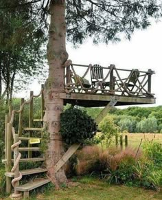 a tree house built into the side of a tree with stairs leading up to it