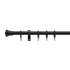 a black curtain rod with hooks on it