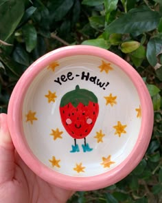 handmade trinket tray with pink trim and yee-haw strawberry in the center Ceramic Trinket Dish, Cat Water Bowl, Diy Pottery Painting, Painted Cat, Color Me Mine, Hand Painted Cat, Paint Your Own Pottery, Pottery Painting Designs, Keramik Design