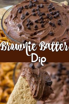 a chocolate dip is being held up by a spoon with the words brownie batter dip on it