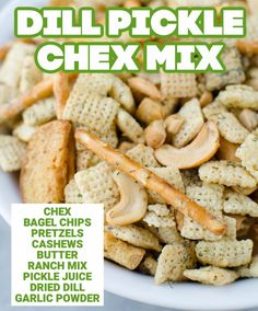 a bowl full of chex mix with the words, dil pickle chex mix