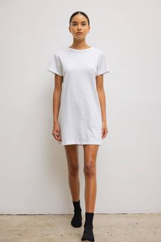 Our no. 1 bestselling t-shirt, now in a classic mini dress. The Margo Dress features a mini length that hits at about the mid-thigh, a clean crew neckline and structured short sleeves. Shop all styles in this fabric group White Tshirt Dress Outfit, White Tshirt Dress, Tshirt Dress Outfit, Satin Set, Shopping Wishlist, Fabric Shoes, Cocktail Attire, Tank Top Dress, Cotton Set