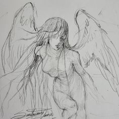 a drawing of an angel with long hair and wings on it's back side