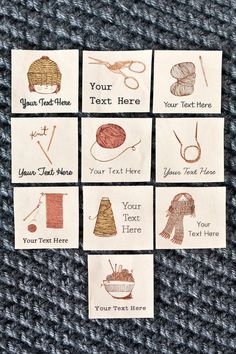 four different types of knitting labels on a gray blanket with yarn and crochet