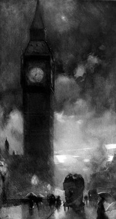 black and white photograph of big ben in the rain