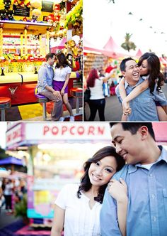 two people standing next to each other in front of a food stand and an amusement park