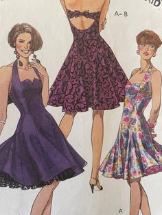 Fitted, partially lined, halter dress with front neckline variation has princess seaming, back zipper, elastic encased in back neck strap and buttoned upper back has bow; pull-on, tiered petticoat has yoke with fold back waistline casing and elastic and lower ruffle is trimmed with edging. The pattern is complete and neatly cut with instructions. The envelope has some discoloration due to age. Halter Neck Dress With Lined Fitted Bodice, Fitted Spring Halter Dress With Back Zipper, Spring Fitted Halter Dress With Back Zipper, Fitted Halter Dress With Back Zipper For Spring, Spring Halter Dress With Back Zipper, Fitted Halter Neck Dress With Back Zipper, Vintage Backless Party Dress, Fitted Sleeveless Dress With Princess Seams, Fitted Lined Halter Dress