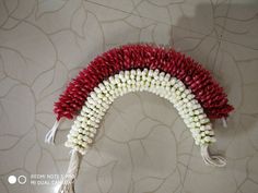 red and white flowers are arranged in the shape of a rainbow on a wallpapered background