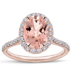 This morganite oval halo engagement ring is complete with an 8-9mm oval cut morganite center stone set in a halo of diamonds on a 1.7mm thin band of diamonds totaling 0.35cttw. Perfect as a celebration piece or as an engagement ring, this ring is stunning. See other shapes available in the French Cut Halo Collection. RM2940, RM2960, RM3029. Halo Collection, Oval Halo Engagement Ring, Rose Gold Morganite, Elegant Engagement Rings, French Cut, Pave Engagement Ring, Halo Setting, Pave Ring, Engagement Ring Styles