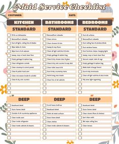 a printable maid service checklist with flowers and leaves on the side, in orange