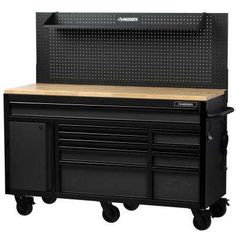 a black tool cabinet with drawers and wheels