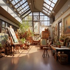 an artist's studio filled with lots of paintings and art on easel stands