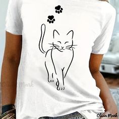 Olivia Mark - Plus Size Casual T-shirt, Women's Plus Cute Cat & Paw Print Short Sleeve Round Neck Medium Stretch T-shirt Casual Weekend, Graduation Outfit, Yellow Print, Tees For Women, Women's T Shirts, Basic Tops, Cat Print, Plus Size Casual, Top Casual