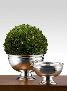 two silver bowls on a wooden table with a green plant in the middle and another metal bowl next to it