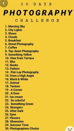 a yellow poster with the words 30 days photography challenge