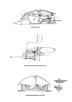 three drawings of different types of architecture