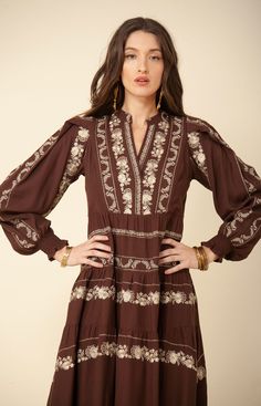 Embroidered Crepe
Body is Lined
Easy Fit, Slim Through Rib Cage
Tiered, Swingy Fit at Skirt
Long Sleeve with Tier at Lower Part
Cuff at Wrist
Above the Knee Length 35.5" HPS Embroidered Maxi Dress, Skirt Long, Rib Cage, Above The Knee, Long Skirt, The Knee, Black And Brown, Knee Length, Maxi Dress