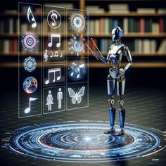 a robot is standing in front of a display with music notes and symbols on it