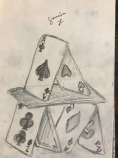 a drawing of three playing cards stacked on top of each other