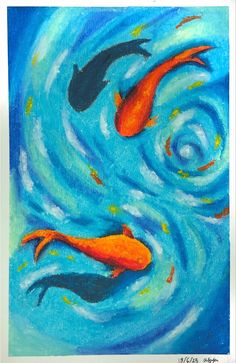 two orange and black koi fish swimming in blue water with ripples on the surface