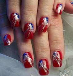 23 Terrific Fireworks Nail Designs - Pretty Designs White And Blue Nail, Red White And Blue Nails, White And Blue Nails, Firework Nail Art, Firework Nails, Usa Nails, Unghie Nail Art